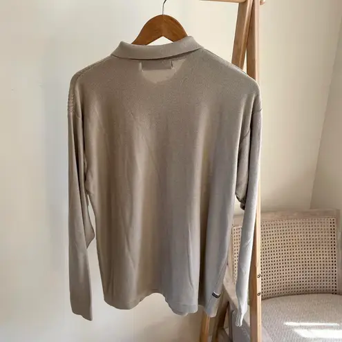 Vintage Textured Ribbed Striped Polo Neck Collared Henley Sweater in Beige Tan Size XL