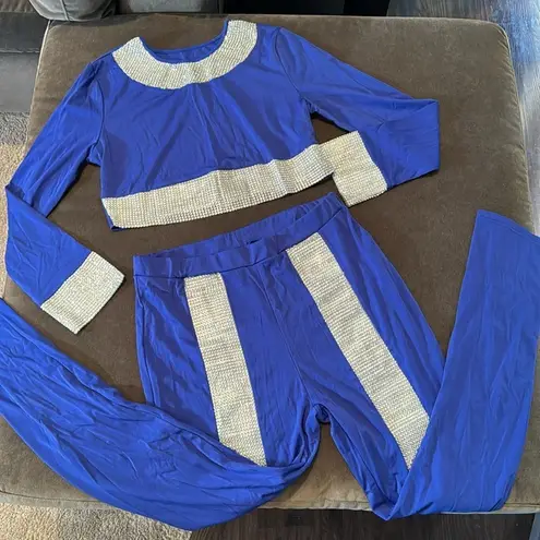 Women’s Sexy Bodycon Blue & Silver Studded Crop Top & Pencil Pants Size XL NWOT