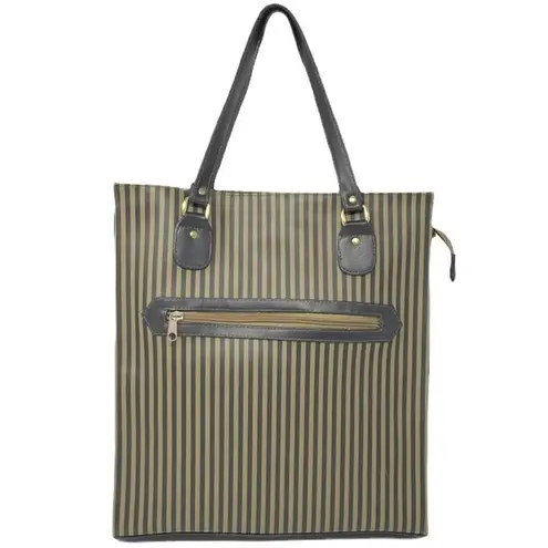 Ladies Large Tote Bag Purse ~ Khaki Green Tan & Black Stripe ~ Shopping HandBag