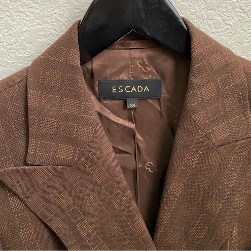 Rare Vintage ESCADA Wool Blend Double Breasted Square Print Brown Blazer Size 34