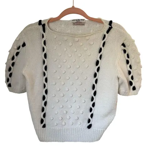 Vintage Hand Knit French Girl Preppy Coastal Short Sleeve Sweater With Pom Poms White