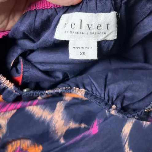 Velvet by Graham & Spencer Silk Cotton Ikat Blouse Navy Coral Boho Stylecore Blue Size XS