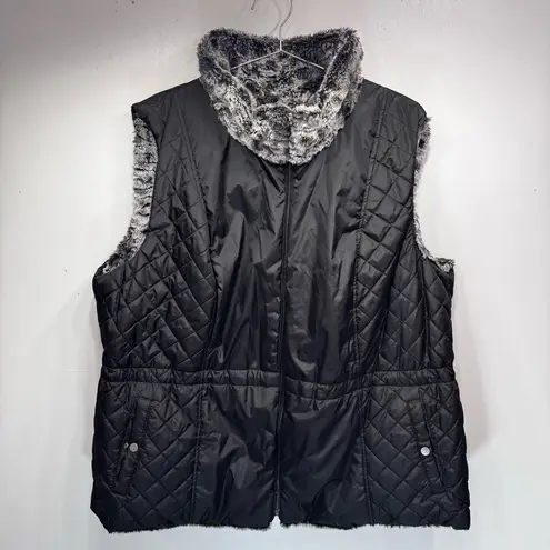 Vintage Y2K Reversible Vest Gray Black Faux Fur or Quilted Black with Fur Trim Size 2X