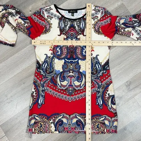 Melissa Paige Paisley Damask Print Bell Sleeve Knit Tunic Top Red Cream Small