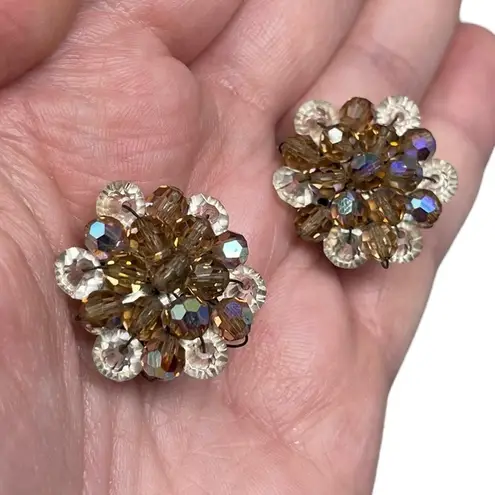Vintage Unsigned AB Aurora Borealis Snowflake Shaped Clip On Earrings Cluster Multiple