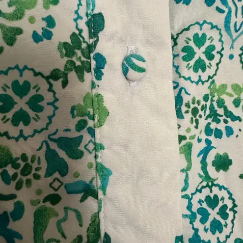 Julia Jordan Dress Sz M Button Front Teal White Puff Sleeve Border Floral Print