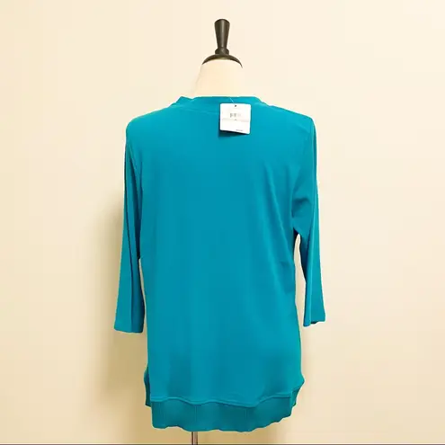 Rafaella Teal Blue Green V Neck 3/4 Sleeve Textured Stripe Top NWT 1X Stretch