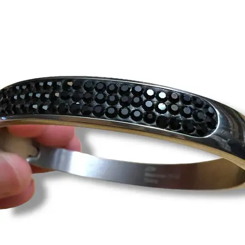 Vintage JCM Silver Stainless Steel Bangle Bracelet with Black Crystal Accents