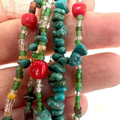 Peyote Bird sterling silver turquoise and coral multi strand bracelet Blue