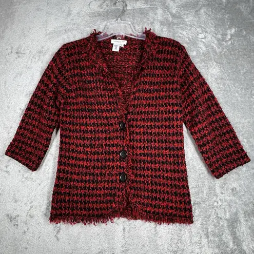Coldwater Creek Sweater Women Small Red Black Marled Fringe Cardigan Preppy