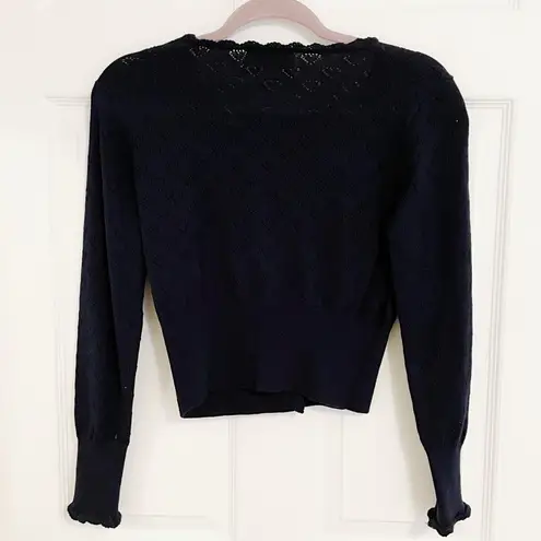 Japanese Kawaii Style Navy Blue Heart Eyelet Lace Ruffle Heart Pockets Cardigan Size XS