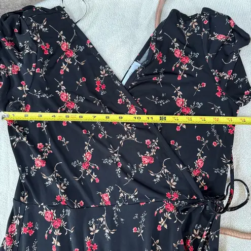 Kaileigh Black and Red Floral Midi Dress faux wrap tie waist
