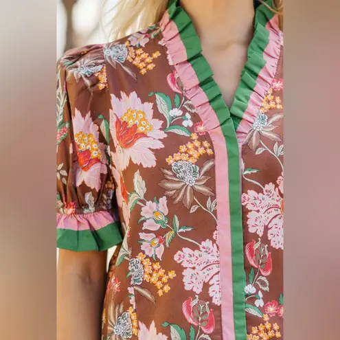 Entro  ruffle blouse floral puff short sleeve neck mock pink thanksgiving top