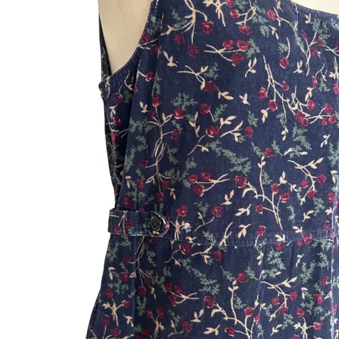 Vintage Blue Red Floral Corduroy Maxi Dress Womens Sz Large 80s Cottage Boho