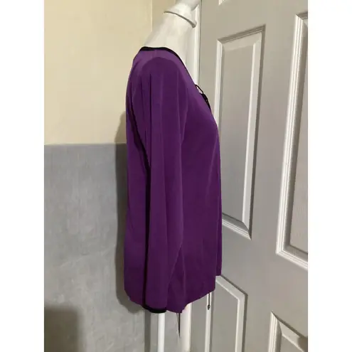Misook Exclusively Sweater Womens Petite Purple Tie Neck Black Trim Long Sleeve