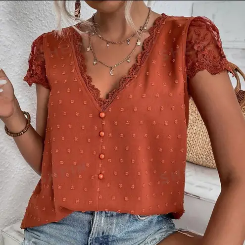 SheIn Frenchy Swiss Dot Guipure Lace Detail Embroidered Mesh Blouse Rust Orange