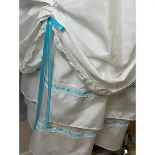 Vintage Handmade Prairie Bridal Dress Ruffle Neck Satin Lace Bows Costume M/L White Size 6