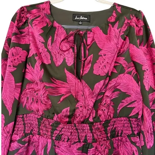 Sam Edelman  Green/Pink Tropical Leaf Print Tie Neck Ruffle Tiered Dress Size S