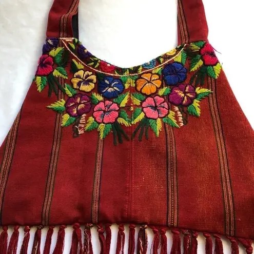 Altiplano Embroidered Cotton Red Boho Tassel Bag