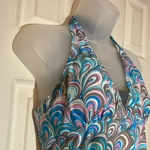 Free Country Womens Tankini Swim Top Halter Tie Multicolor Swirl Pattern Medium