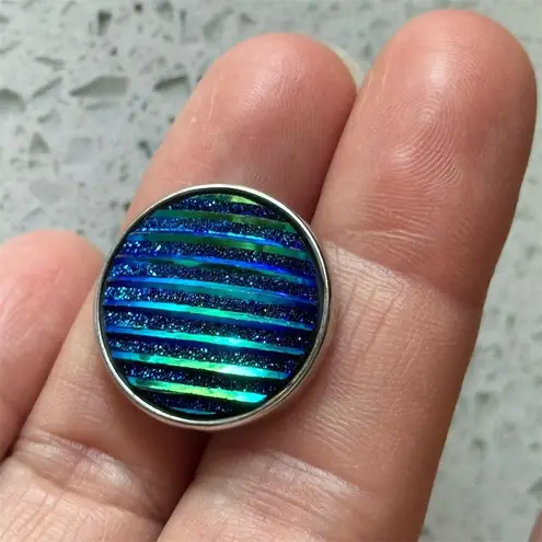 Blue Green Iridescent Ginger Snap Round Pendant Charm Bracelet Necklace