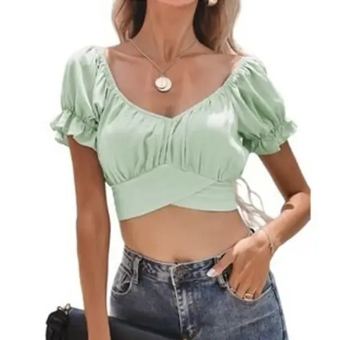 INDIKAH green crop top coquette boho festival NEW puff sleeve summer soft girl