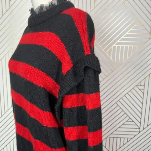 ZARA  Striped Sweater with Tulle Neck Red‎ Black Size Medium