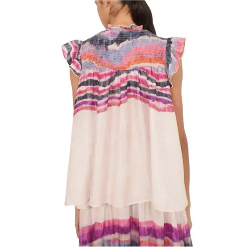 NWT Chufy Juni Cap Sleeve Stripe Tie Dye Smocked Top SMALL in Kaia Ivory Pink