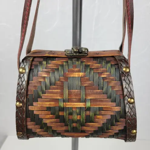 Vintage Basket Purse Two Tone Brown Rattan Bamboo Leather Trim Woven Hinged