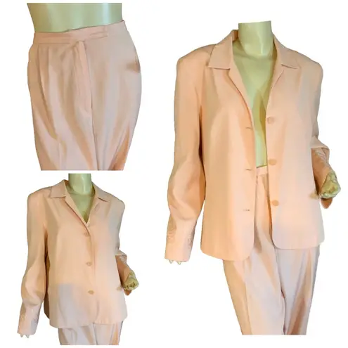 VINTAGE 1990'S NORTON MCNAUGHTON PEACH PANT SUIT WITH EMBROIDERED DETAIL (16) Orange