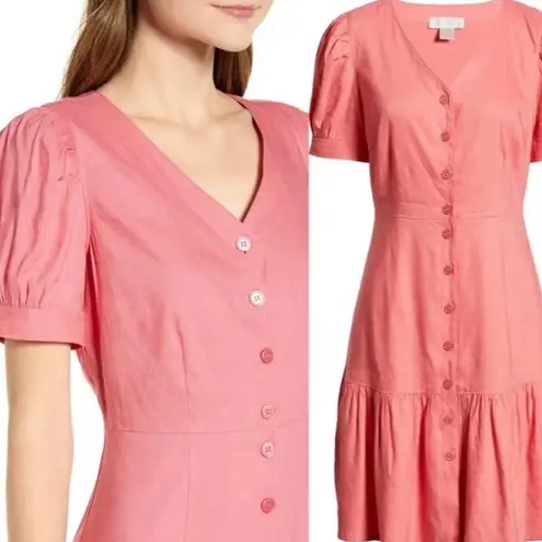 Rachel Parcell Flirty Linen Blend Shirt Puff Sleeve Pink Dress Small