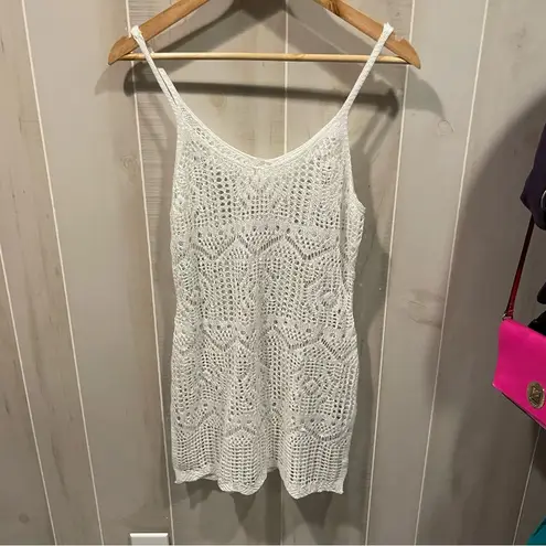 Source Unknown Cute creamy white crochet long skinny strap top or mini dress sweater