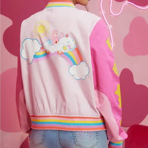 Hot Topic CARE BEARS Rainbow Varsity Bomber Racing Jacket Girls Juniors Size Medium NEW