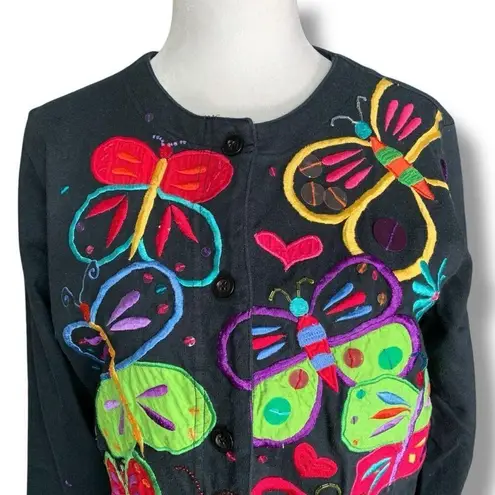 Vintage 90s Michael Simon Lite Cardigan Black Long Sleeve Colorful Butterfly