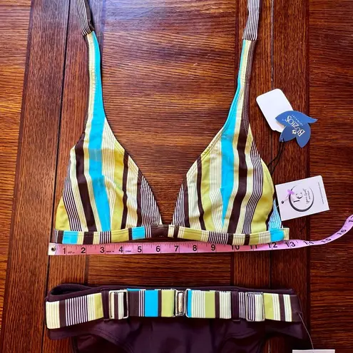 NWT Y2K Retro Buzois Brown White Blue Striped Halter Top Bikini Set Size Large