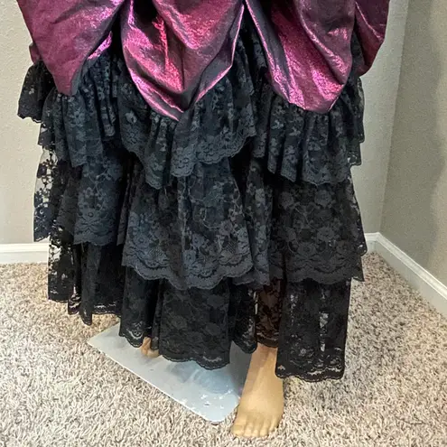 Vintage One of a kind Wine Metallic Prom Dress with Layers of Ruffled Black Lace
