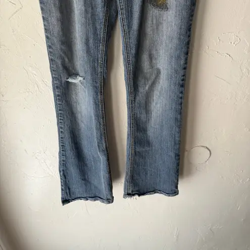 Southpole Y2K Embroidered Flare Jeans Size 7 Mid Rise Gold Stitching Distressed