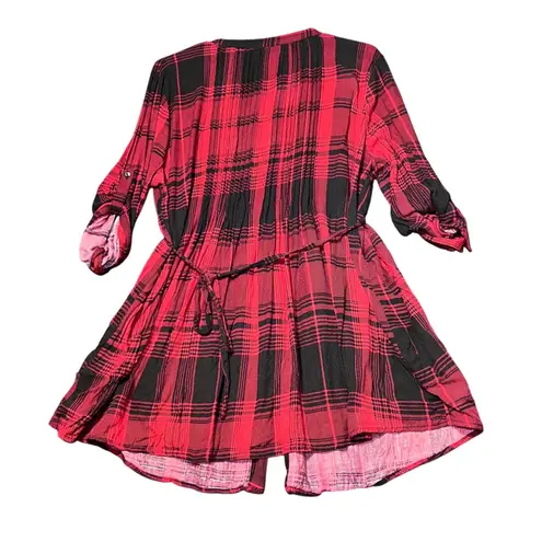 American Rag  Plaid Long Shirt/Mini Dress Womens Large Red Black Tie Waist Casual