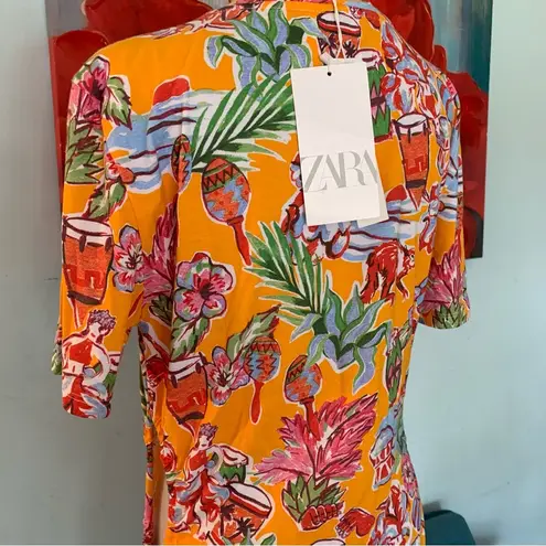 ZARA New NWT  Women Dress Size Small S Tropical Print Adjustable Cut Out Sides