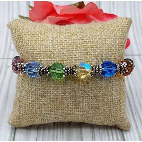 Cute Bracelet & Dangle Earrings Set 925 & Faceted Crystal Beads Toggle Clasp 8" Silver