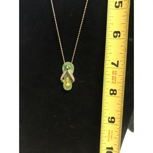 None Vintage Hawaii Souvenir Green Flip Flop Pendant Necklace MC Stamp Rhinestone