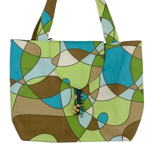 Y2k Vintage Suruchi Green & Blue Geometric Abstract Tote Shoulder Bag Beaded