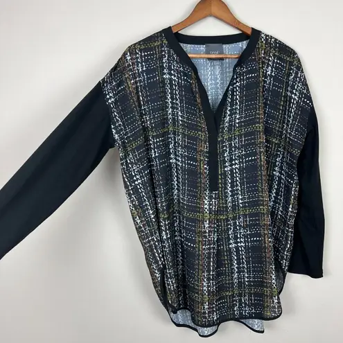 Lysse Tunic Top Womens Large Black Multicolor Printed V-Neck Long Sleeve Blouse