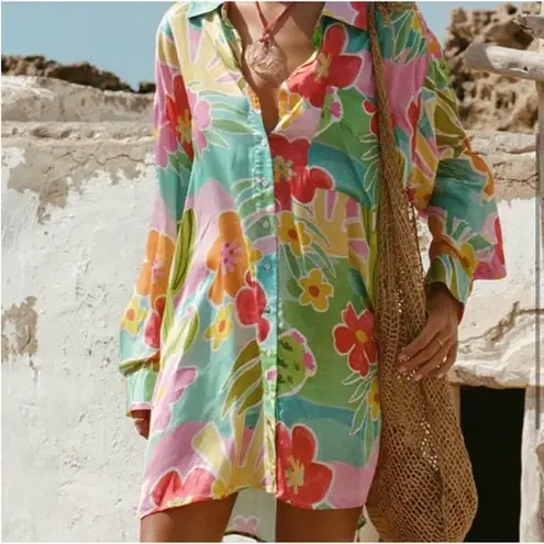 SPELL Margi Happy Hour Printed Button Front Tunic Small Pink