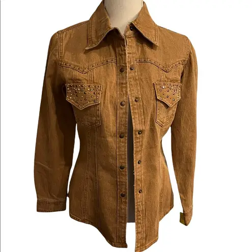 DG2 Embellished Distressed Wash Denim Shacket Brown Size XS