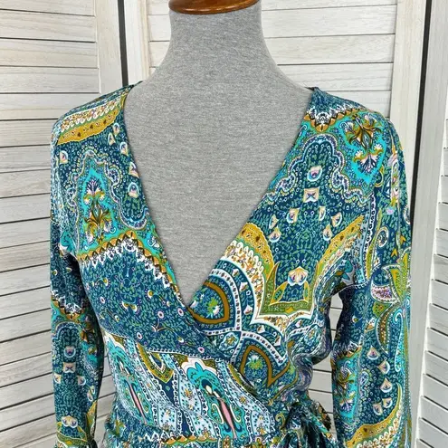 R. Vivimos Printed Boho Maxi Wrap Dress Blue Aqua Small Ruffle Long Sleeve