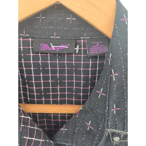 Wrangler  Western Shirt Womens Medium Black Pink Cross Stitch Embroidered Snap