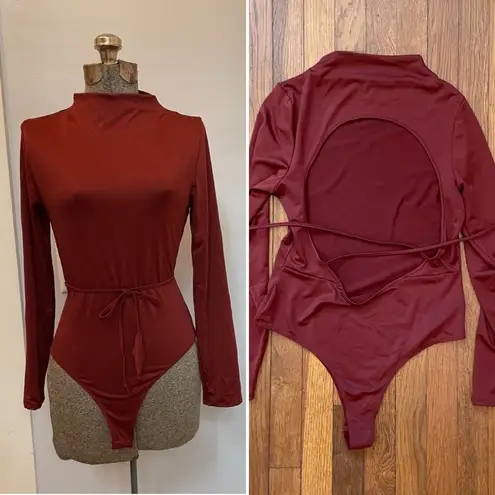 Love j Burgundy Wine Open Back Bodysuit w/ String Tie Detail- Size Large