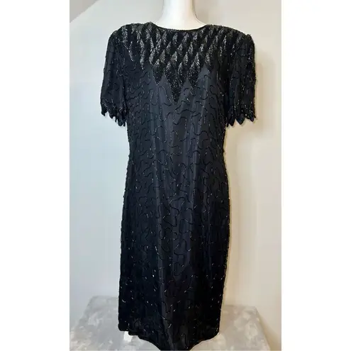 100% Silk Vintage Women’s Black Beaded Open Back MIDI Dress LARGE