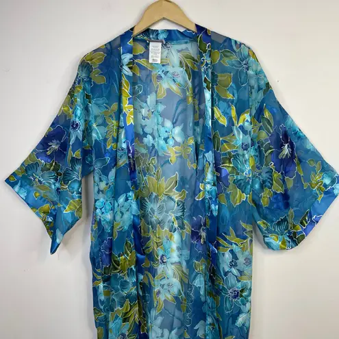 Vintage California Dynasty Sheer Floral Burnout Open Kimono Robe Duster womens S Blue